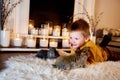 A blue eyed cute boy lying thoughtfully with grey rabbits around Royalty Free Stock Photo