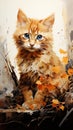 Blue-eyed kitten amidst autumn's golden hues. AI generation