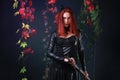 Blue Eyed Red Head Gothic Girl Pulling out a fantasy sword among autumn vines Royalty Free Stock Photo