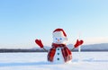 The blue eyed smiling snowman in red hat, gloves and plaid scarf holds the icicle in hand. Joyful cold winter morning. Royalty Free Stock Photo