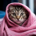 Blue eyed tabby kitten wrapped in a pink towel after bath