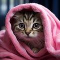 Blue eyed tabby kitten wrapped in a pink towel after bath