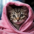 Blue eyed tabby kitten wrapped in a pink towel after bath