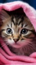 Blue eyed tabby kitten wrapped in a pink towel after bath