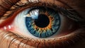 Blue eyed woman staring at camera with close up of her iris generated by AI Royalty Free Stock Photo