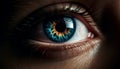 Blue eyed woman staring at camera with macro view of iris generated by AI Royalty Free Stock Photo