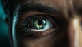 Blue eyed young adult staring, close up of human eye watching generated by AI Royalty Free Stock Photo