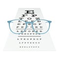 Blue eyeglasses on visual test chart isolated on white. Eyesight Royalty Free Stock Photo