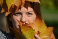 Blue eyes and autumn leaves Royalty Free Stock Photo