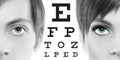 Blue eyes close up on visual test chart, eyesight and eye exam Royalty Free Stock Photo