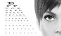 blue eyes close up on visual test chart, eyesight and eye examination concept in white background