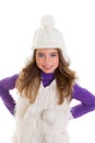 Blue eyes happy child kid girl with white winter cap Royalty Free Stock Photo