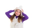 Blue eyes happy child kid girl with white winter cap Royalty Free Stock Photo