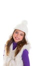 Blue eyes happy child kid girl with white winter cap Royalty Free Stock Photo