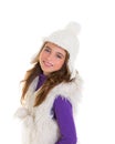 Blue eyes happy child kid girl with white winter cap Royalty Free Stock Photo