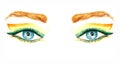 Blue eyes with makeup, orange and green wing shape eyeshadows, mascara, brown eyebrows