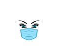 Blue eyes nurse face with eyebrows and eyelashes in air pollution face mask isolated on white background, woman wearing medical vi Royalty Free Stock Photo