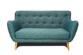 Blue fabric sofa or bench, close up detail with buttons. Furniture showroom photography Royalty Free Stock Photo