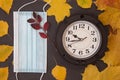 Blue face medical mask, wall clock and colorful autumn leaves. Top view