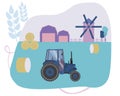 Blue farm tractor, stacks of crops or cereals and a mill on a farm, flat vector stock illustration with retro heavy machine as an