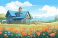 blue farmhouse surrounded by blooming tulip field