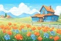 blue farmhouse surrounded by blooming tulip field