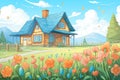 blue farmhouse surrounded by blooming tulip field