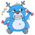 Blue fat deer is on a diet doing a fitness gym lifting a barbell, doodle icon image kawaii