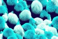 Blue faux fur rug texture turquoise shaggy wool background. Fluffy sheepskin seamless pattern, macro curly hairy textile