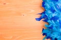 Blue feather boa on a yellow board on the left with space for te Royalty Free Stock Photo