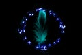 Blue feather in the circle of holiday celebration light garland on black background. Romantic Valentines day cards, invitations or Royalty Free Stock Photo