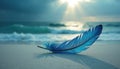 A blue feather on a sandy beach with waves in the background Royalty Free Stock Photo