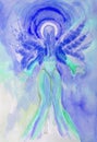 Blue female angel looking to the light. Royalty Free Stock Photo