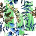 Blue fern leaves. Leaf brake plant botanical garden floral foliage. Seamless background pattern. Royalty Free Stock Photo