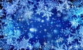 Blue festive winter background, Christmas, glitter, snowflakes falling, icy snowflakes, snowfall, holiday, new year, bright, place