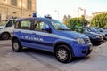 Blue Fiat Panda II police car of Sicilian Polizia department with a phone number 113 at parking lot