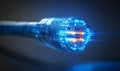 Blue fiber optic cable with glowing end light, fiber optic, cable, blue, technology, data, communication, connection Royalty Free Stock Photo