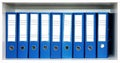 Blue file folders in a row on the office shelf