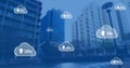 Blue-filtered skyscrapers with grey cloud uploads in a 4k digital composite