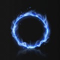 Blue fire ring. Realistic burning circle. Round fiery shape with hole on black background. Magical energy and ignite gas Royalty Free Stock Photo