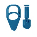 Blue Fire shovel and cone bucket icon isolated on transparent background.