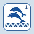 Blue fish icon. Couple dolphin swimming in the sea or ocean. Sign anchor. Vector illustration Royalty Free Stock Photo