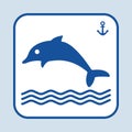 Blue fish icon. Dolphin swimming in the sea or ocean. Sign anchor. Marine theme. Vector illustration Royalty Free Stock Photo