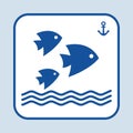 Blue fish icon. Three fishes swimming in the sea or ocean. Sign anchor. Vector illustration Royalty Free Stock Photo