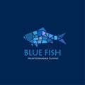 Blue fish logo. Mediterranean cuisine restaurant. Blue fish mosaic on a dark background.