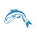 Blue fish vector line illustration isolated on white background. Fishing sport or fish store logotype element.