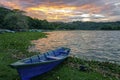 Blue Fishing Boat Lake Suchitlan Dramatic Sunset Sky El Salvador