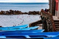 Blue fishing boats discovered while exploring the costal village of Riomaggiore which is a small village in the Liguria region of