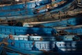 Blue fishing boats in Essaouira harbor, Morocco Royalty Free Stock Photo