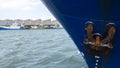 Blue fishing boats lie in scheveningen harbor